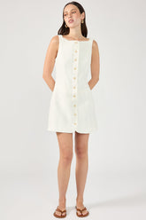 White High-Neck Button-Up Linen Mini Dress
